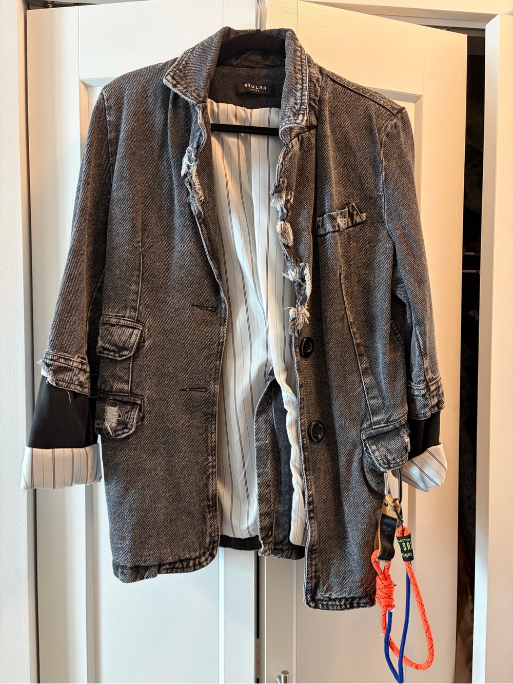 Beulah Distressed Charcoal Black Denim Blazer Jacket - Picture 3 of 4